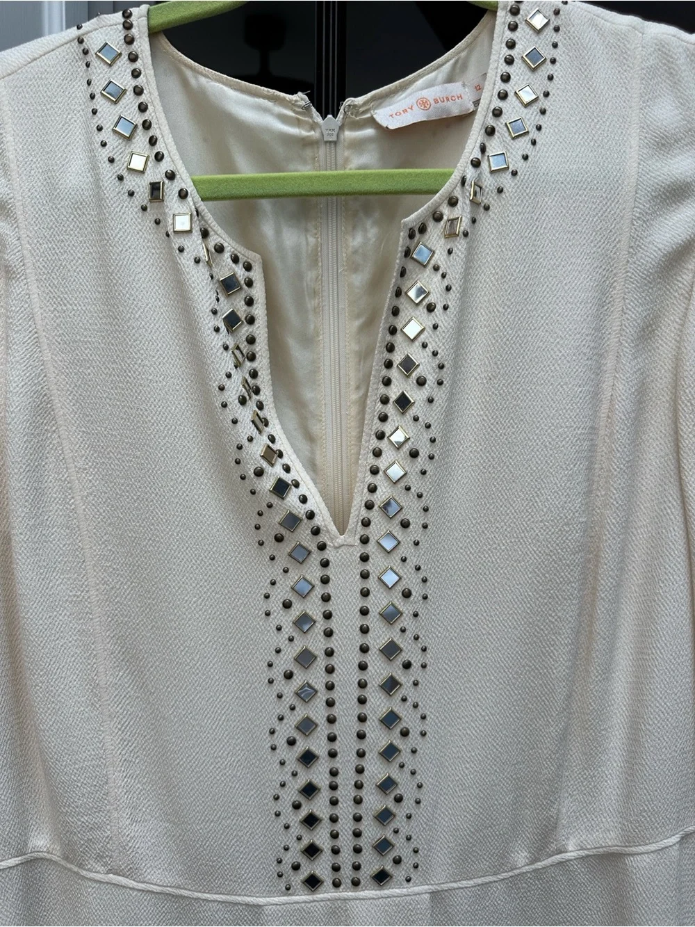 Tory Burch 100% Silk Cream Embellished V-Neck Long Sleeve Dress Size 12
